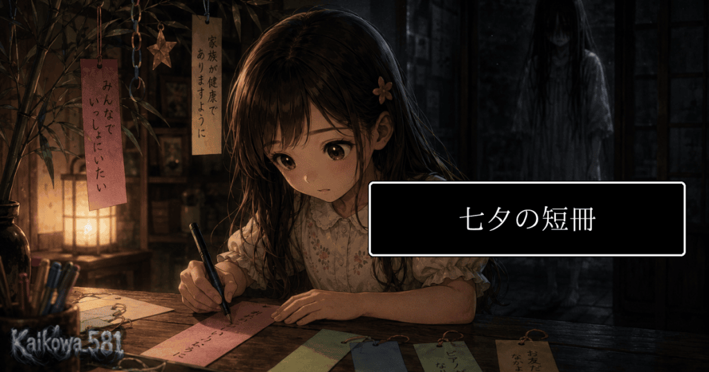 七夕の短冊に見知らぬ文字が書き加えられている様子を描いたアイキャッチ画像
